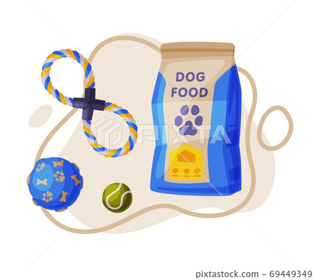 Dog Accessories Set, Pet Animal Stuff, Dog Food Packaging, Rope, Ball Cartoon Style Vector Illustration Dog Accessories Set, Pet Animal Stuff, Dog Food Packaging, Rope, Ball Cartoon Style Vector Illustration 69449349