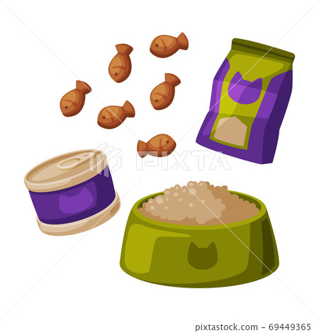 Cat Food Set, Pet Animal Dried, Canned Food Packaging and Bowl Cartoon Style Vector Illustration on White Background 69449365