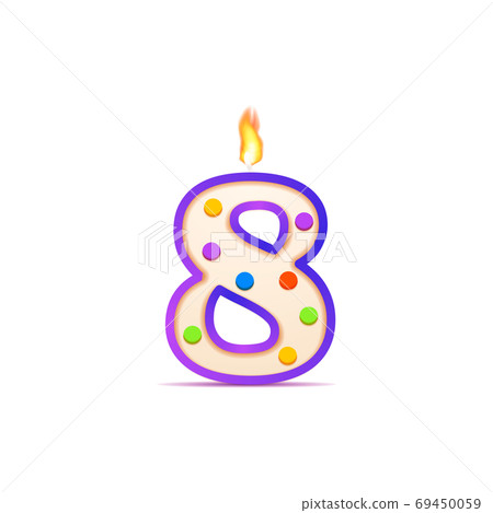 Eight years anniversary, 8 number shaped birthday candle with fire on white Eight years anniversary, 8 number shaped birthday candle with fire on white 69450059