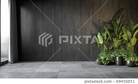 Black interior with wood wall panel and plants. 3d render illustration mock up. 69450851