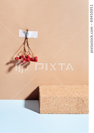Minimal composition of brick podium and rowan berries. Template, mockup, podium for products and accessories. Front view Minimal composition of brick podium and rowan berries. Template, mockup, podium for products and accessories. Front view 69450951