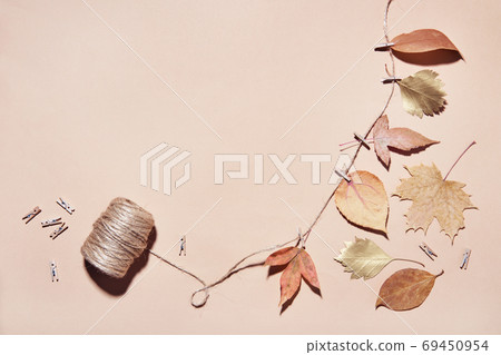 DIY garland of dry autumn leaves. Making decorations from natural materials, copy space DIY garland of dry autumn leaves. Making decorations from natural materials, copy space 69450954