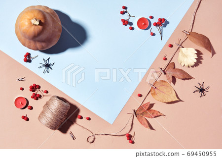 Autumn layout with pumpkins, diy garland and berries in pastel colors, copy space Autumn layout with pumpkins, diy garland and berries in pastel colors, copy space 69450955