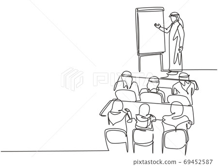 Single continuous line drawing of young muslim businessman do strategy presentation while company team meeting 69452587