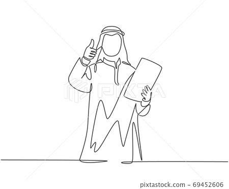 Single continuous line drawing of young muslim business manager give thumbs up and hold company rule policy 69452606