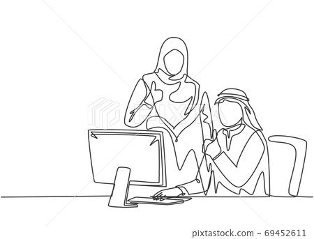 Single continuous line drawing of young muslim male and female employees give thumbs up gestures 69452611