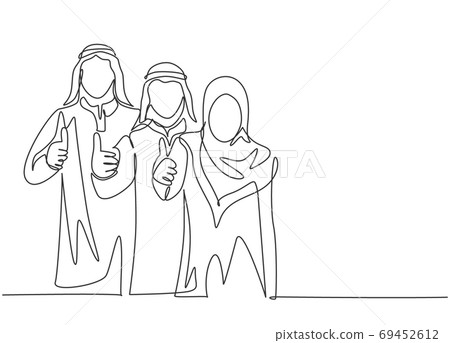 Single continuous line drawing of young muslim male and female marketing managers giving thumbs up gestures 69452612