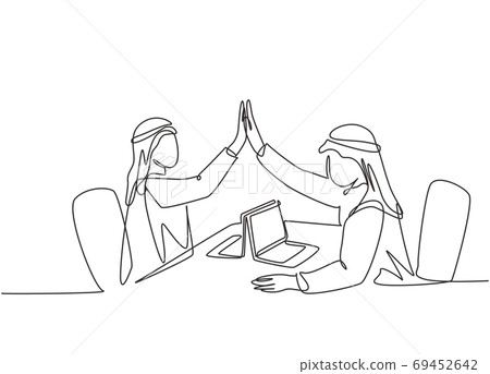 One single line drawing of young happy muslim marketing manager giving high five hands gesture One single line drawing of young happy muslim marketing manager giving high five hands gesture 69452642