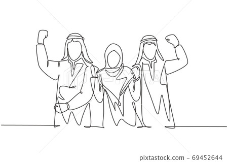 One single line drawing of young happy muslim marketing staff show teamwork 69452644