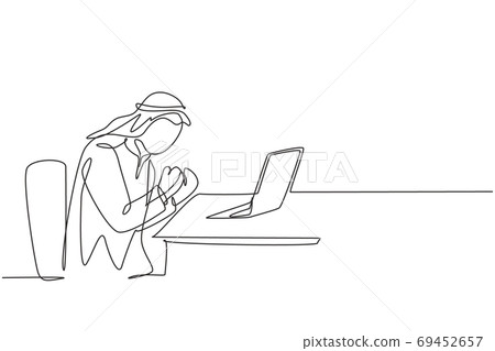 One continuous line drawing of young happy muslim business man celebrate success One continuous line drawing of young happy muslim business man celebrate success 69452657