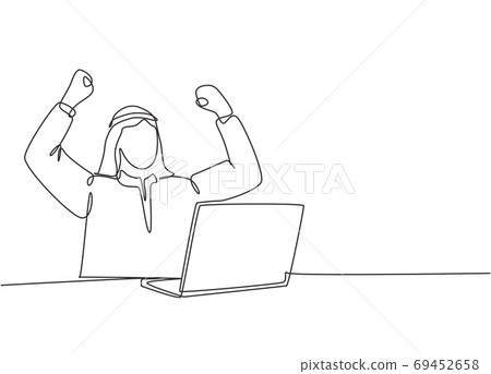 One single line drawing of young happy muslim worker celebrate after he finished his office work One single line drawing of young happy muslim worker celebrate after he finished his office work 69452658