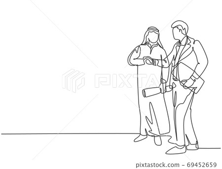 Single continuous line drawing of young muslim businessman handshake with business partner 69452659