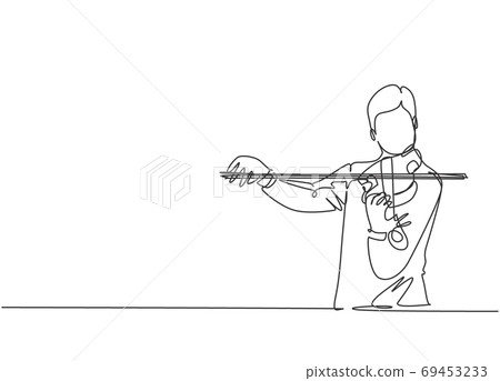 One single line drawing of male violinist performing to play violin on music festival One single line drawing of male violinist performing to play violin on music festival 69453233