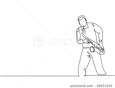 One continuous line drawing of young happy male saxophonist performing to play saxophone on music concert 69453249