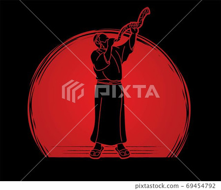 Feast of trumpets. Jewish people blowing the shofar horn cartoon graphic vector Feast of trumpets. Jewish people blowing the shofar horn cartoon graphic vector 69454792