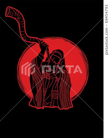 Feast of trumpets. Jewish people blowing the shofar horn cartoon graphic vector 69454793