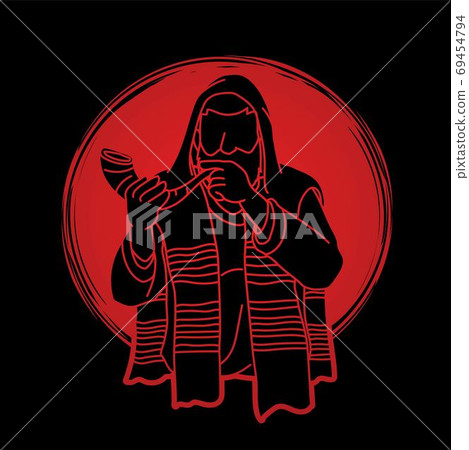 Feast of trumpets. Jewish people blowing the shofar horn cartoon graphic vector Feast of trumpets. Jewish people blowing the shofar horn cartoon graphic vector 69454794
