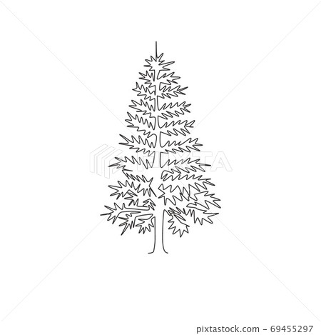 Single continuous line drawing of beauty and exotic pine tree. Decorative pinus for greeting post card 69455297