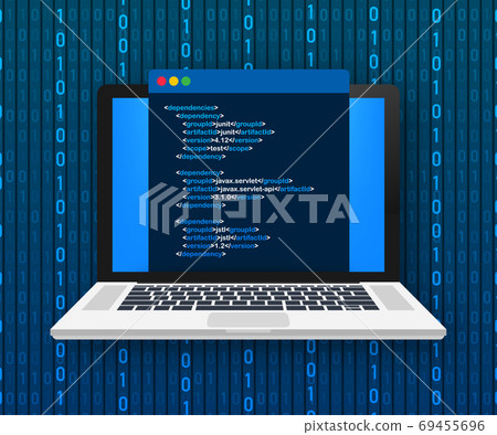 Vector laptop coding concept. Web developer, design, programming. Laptop screen code. Vector illustration. Vector laptop coding concept. Web developer, design, programming. Laptop screen code. Vector illustration. 69455696