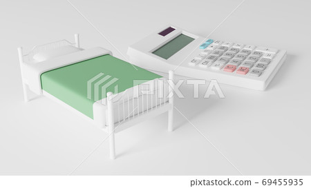 Photorealistic illustration of bed toys placed on a flat surface and CG of a calculator 69455935