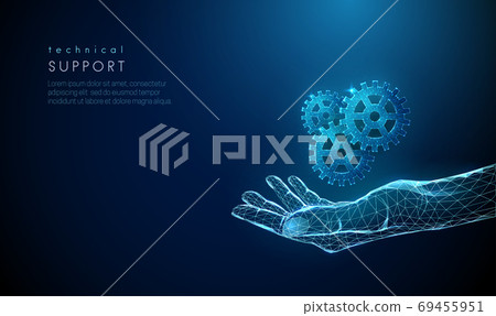 Low poly abstract giving hand with cogwheels. Low poly abstract giving hand with cogwheels. 69455951
