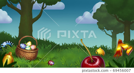 Easter green forest with lawn and blue sky. Wicker basket with eggs. Casino elements cherry lemon and tsyra canopy made of gold illustration art background. Easter green forest with lawn and blue sky. Wicker basket with eggs. Casino elements cherry lemon and tsyra canopy made of gold illustration art background. 69456007