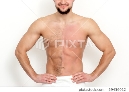 Man with bare-chested before and after waxing hair 69456012