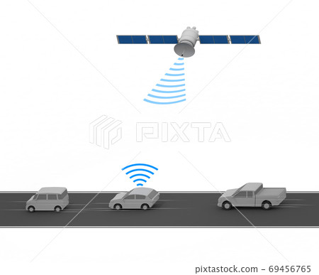 Autonomous driving and artificial satellites. Run while keeping a distance between cars. Radar out of the car. A car running on the road. Isometric 69456765