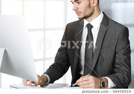 Businessman working with computer in sunny office. Headshot of male entrepreneur at workplace. Business concept 69456919