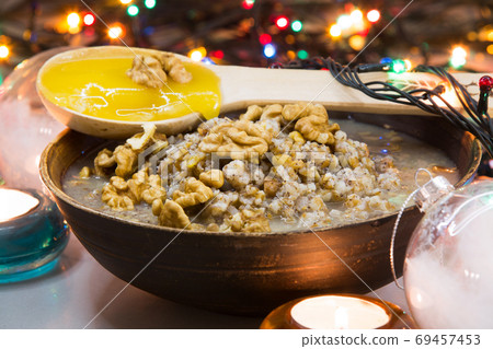 Christmas kutia from wheat, raisins and nuts, selective focus 69457453