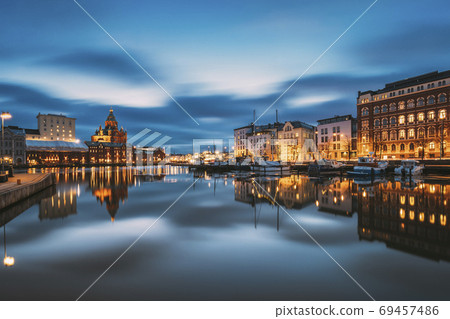 Helsinki, Finland. View Of Kanavaranta Street With Uspenski Cathedral And Pohjoisranta Street In Evening Night Illuminations Helsinki, Finland. View Of Kanavaranta Street With Uspenski Cathedral And Pohjoisranta Street In Evening Night Illuminations 69457486