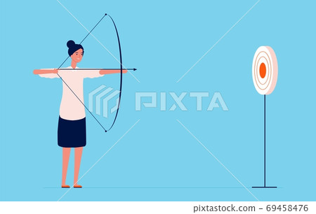 Target goal. Business woman shooting with bow and arrow, successful lady. Girl investor or project manager vector character Target goal. Business woman shooting with bow and arrow, successful lady. Girl investor or project manager vector character 69458476