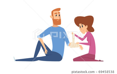 Broken arm. Woman applies bandage to man. Injury, emergency medical help vector illustration 69458538