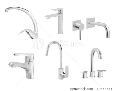 Water chrome tap. Kitchen tools plumbing accessories vector realistic collection pictures of aqua tap Water chrome tap. Kitchen tools plumbing accessories vector realistic collection pictures of aqua tap 69458553