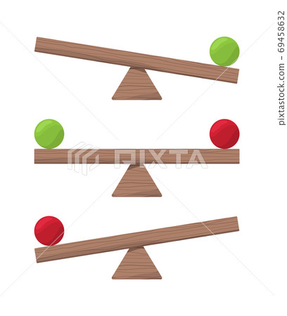 Wooden seesaw. Balance scale or equilibrio items vector flat illustrations 69458632