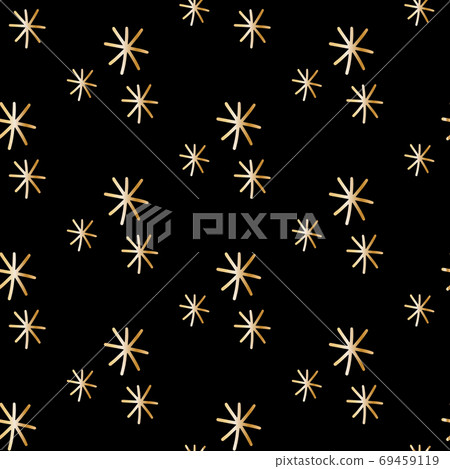 Golden snowflakes on black background. Seamless pattern in scandinavian modern style. Ornament for fabric, wallpaper, packaging, cards, wrapping paper. Vector stock illustration. 69459119