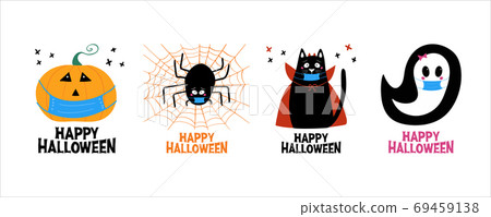 Quarantine Halloween greeting cards set. Jack o lantern, ghost, cat, spider in medical face mask. Isolated on white background. Vector stock illustration. Quarantine Halloween greeting cards set. Jack o lantern, ghost, cat, spider in medical face mask. Isolated on white background. Vector stock illustration. 69459138