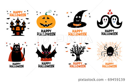 Halloween greeting cards set. Castle, jack o lantern, witch hat, ghost, cat, bat, dry tree, spider. Isolated on white background. Vector stock illustration. Halloween greeting cards set. Castle, jack o lantern, witch hat, ghost, cat, bat, dry tree, spider. Isolated on white background. Vector stock illustration. 69459139