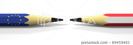 Opposing pencils with flags of the EU and Austria. Conflict concept, 3d rendering Opposing pencils with flags of the EU and Austria. Conflict concept, 3d rendering 69459481