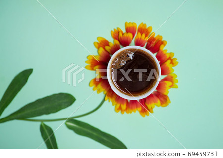 Cup of coffee on top of a flower 69459731