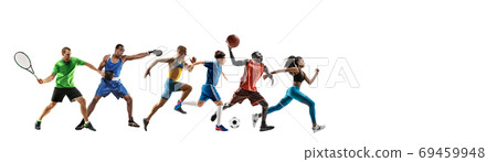 Sport collage of professional athletes or players isolated on white background, flyer 69459948