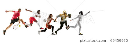 Sport collage of professional athletes or players isolated on white background, flyer 69459950