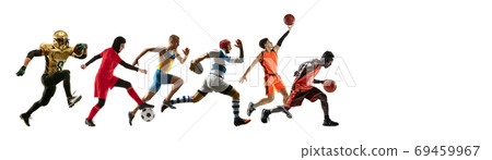 Sport collage of professional athletes or players isolated on white background, flyer 69459967
