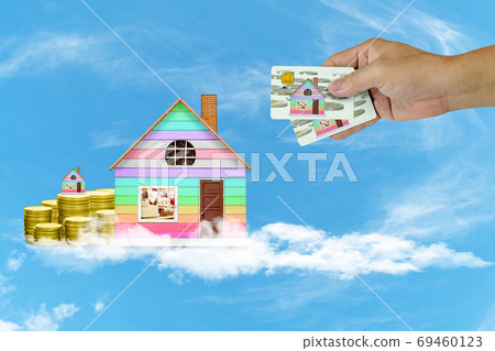 Start creating family with home and coin on white cloud and blu 69460123