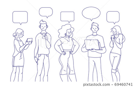 Young people standing together looking at smartphones, notepad and tablet reading news, chatting, discussing, surfing through internet, learning. Vector trendy flat hand drawn illustration. Young people standing together looking at smartphones, notepad and tablet reading news, chatting, discussing, surfing through internet, learning. Vector trendy flat hand drawn illustration. 69460741