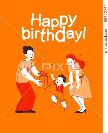 Happy birthday card design with young happy family characters with gift box. Parents giving present to their little son, celebrating isolated. 69460744