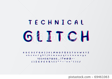Technical glitch Alphabet. Hand drawn vector typeface with stereo effect. Uppercase and lowercase letters, numbers, marks. Abstract modern font, digital distortion style 69461063