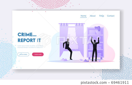 Robbery, Crime Landing Page Template. Masked Robbers Characters Secretly Penetrate into House at Night Time Ransack Home 69461911