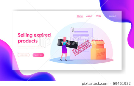 Products Expiration Landing Page Template. Tiny Female Character Put Huge Stamp on Document for Expired Food in Boxes Products Expiration Landing Page Template. Tiny Female Character Put Huge Stamp on Document for Expired Food in Boxes 69461922
