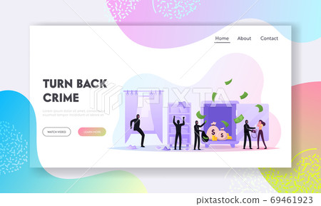 Robbery or Theft Landing Page Template. Masked Robbers Holding Gun and Glowing Flashlight Sneaking for Steal Money Robbery or Theft Landing Page Template. Masked Robbers Holding Gun and Glowing Flashlight Sneaking for Steal Money 69461923